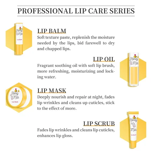 Vista 4 de Kit de cuidado de labios de 4 piezas con leche de miel, bálsamo labial, exfoliante labial, aceite de labios Hidratante y nutritiva labios secos