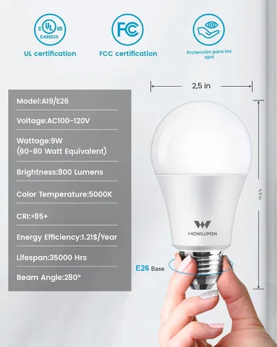 Vista 2 de Bombilla LED A19, bombillas E26 de 9 W (equivalente a 60 vatios), blanco frío de 5000 K, base estándar de 800 lm para cocina, sala de estar