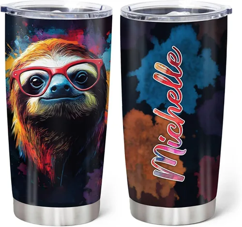 Vista 9 de Hyturtle Regalos personalizados para los amantes de los perezosos, vaso de acero inoxidable con nombre personalizado de 20 onzas con tapa, idea