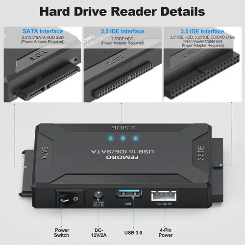 Vista 4 de FEMORO Lector de disco duro IDE SATA a USB 3.0 + adaptador USB C, kit de convertidor de recuperación de datos 3 en 1 con fuente de alimentación
