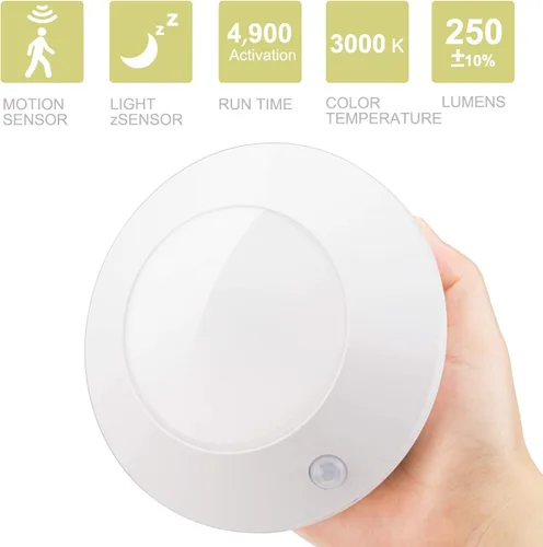 Vista 2 de HONWELL Luz con sensor de movimiento, luz de techo para interiores, luz inalámbrica con sensor de movimiento, funciona con pilas, luz LED blanca