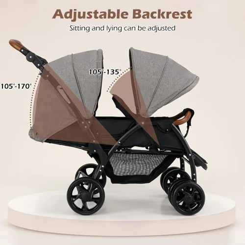 Vista 4 de INFANS Cochecito doble, cochecito plegable en tándem para bebé con respaldo ajustable, reposapiés de dosel, arnés de 5 puntos, canasta de Gris claro