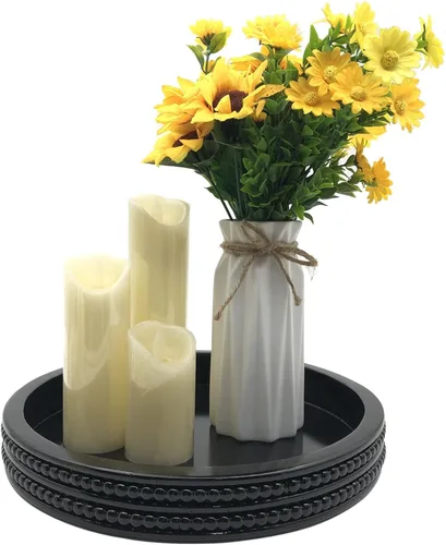 Vista 5 de Carah & Cossh Bandeja redonda de madera, bandeja de madera decorativa redonda negra, bandeja decorativa redonda moderna, perfecta para Negro