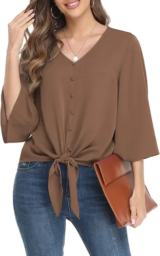 Vista 8 de VIISHOW Blusas de verano para mujer, con botones, cuello en V, de gasa, mangas acampanadas de 3/4, con nudo, casuales 01 Blanco