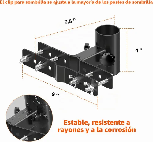 Vista 6 de Soporte para sombrilla de balcón para exteriores, soporte de metal ajustable resistente para patio, abrazadera de montaje para valla, barandilla
