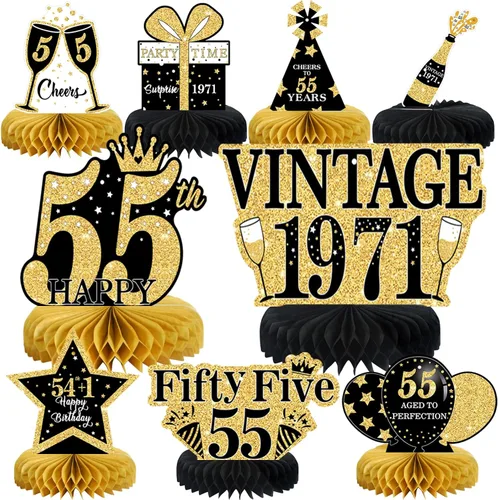 Vista 12 de 9 piezas de decoración de cumpleaños negro dorado 16 centros de mesa de panal para niños y niñas, centros de mesa de feliz cumpleaños 16 Oro negro 16