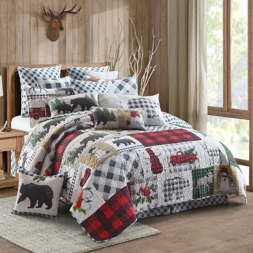 Vista 17 de Virah Bella Juego de ropa de cama King Lodge de 3 piezas, juego de edredón reversible rústico con fundas de almohada decorativas, panel familiar