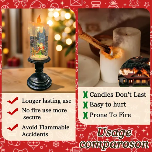 Vista 8 de Velas sin llama parpadeantes de Navidad, diseño de globo de nieve, luz de vela, agua arremolinada con purpurina, velas giratorias con temporizador