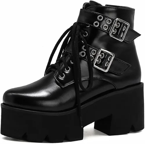 Vista 7 de mikarka Platform Boots for Women - Womens Combat Boots with Chain Design 1-negro