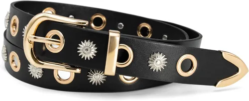 Vista 7 de Grommet Belt Women, Black Studded Belt Adjustable for Teens Negro-oro