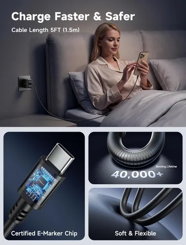 Vista 6 de JSAUX Cargador USB C de 45 W para Steam Deck/OLED, cable de 5 pies tipo C PD 3.0 de 45 vatios de carga rápida compatible con Steam Deck