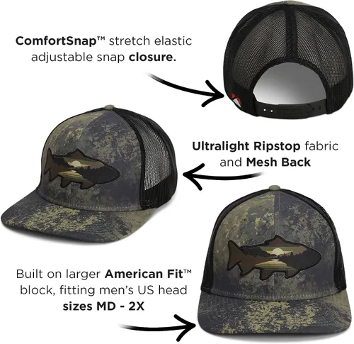Vista 41 de Paramount Outdoors Sombrero de pesca de trucha al atardecer, diseño de silueta de pez de montaña, sombrero para exteriores con cómodo Snapback