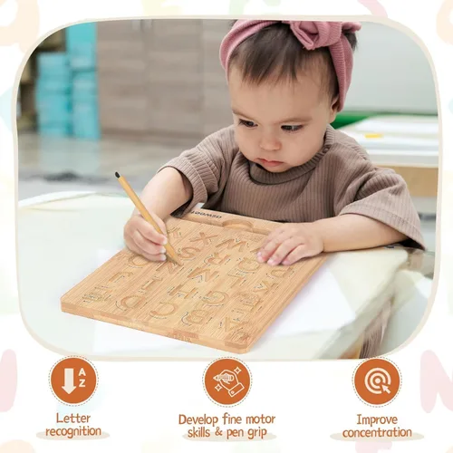 Vista 5 de Asweets Montessori - Tabla de trazado del alfabeto de madera, tablero de práctica de letras de madera, tableros de doble cara para niños pequeños