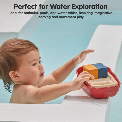 Vista 6 de PlanToys® Juguete de baño de barco de carga para niños pequeños Barco flotante con bloques de carga para jugar en el agua Juguete educativo
