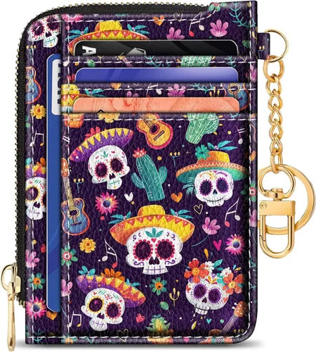 Vista 34 de GIANCOMICS Cartera delgada con tarjetero para mujer, funda pequeña con bloqueo Rfid, llavero de bolsillo delgado con cremallera curvada, tarjetero