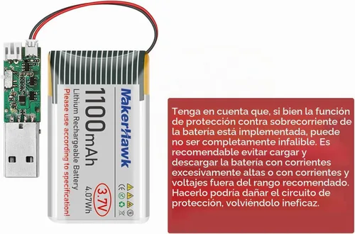 Vista 4 de MakerHawk Batería LiPo de 3.7 V 1100 mAh recargable 1S 102540 Batería de polímero de litio con placa de protección cinta de goma aislada, enchufe