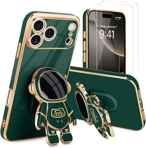 Vista 70 de Pepmune - Funda para iPhone 15 con soporte de astronauta 3D, color negro [2 Screen Protector], Luxury Electroplated Soft TPU Cover with Kickstand