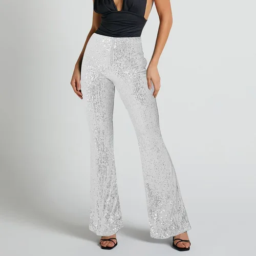 Vista 4 de Aloneabd Pantalones acampanados con lentejuelas brillantes para mujer, holgados, de cintura alta, a la moda, brillantes, para fiesta, club