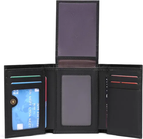Vista 21 de FALAN MULE Cartera de cuero genuino con bloqueo RFID para hombre con cremallera bolsillo para monedas, ventana de identificación ABA-negro