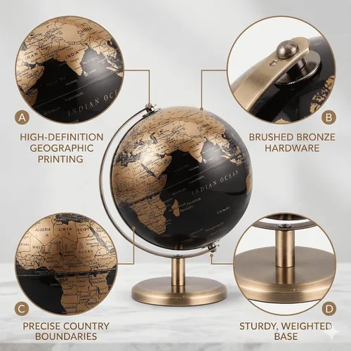 Vista 4 de Globo del mundo pequeño de 6 pulgadas con soporte de bronce antiguo, decoración de escritorio de tierra negra y dorada para niños y adultos, globo