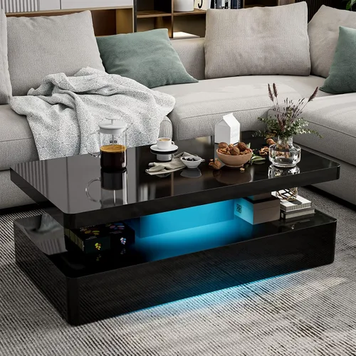 Vista 9 de Mesa de centro LED moderna, mesa de centro negra de alto brillo con luces LED de 16 colores, rectangular, 43.3 x 23.6 x 15.4 pulgadas Negro