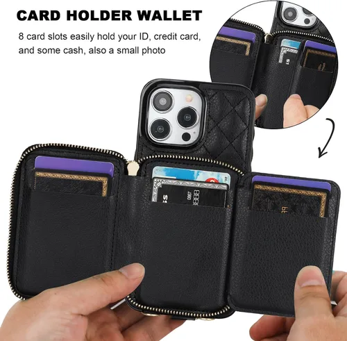 Vista 4 de Bocasal Funda tipo cartera cruzada para iPhone 15 Pro Max, con bloqueo RFID, de piel sintética, con cremallera, funda tipo cartera con función atril