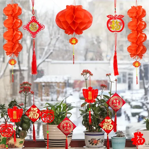 Vista 4 de Decoraciones de año nuevo chino, colgante de nudo chino, adornos colgantes rojos, colgantes Lucky Fu para Año Nuevo, árbol para el hogar, adornos