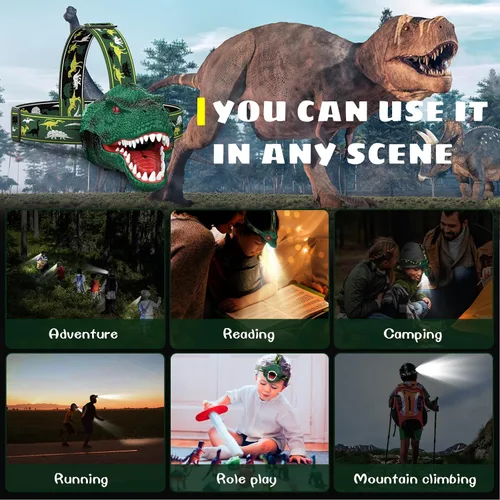Vista 6 de Dysaim Linterna Frontal para Niños, Linterna Frontal de Dinosaurio T-Rex Recargable para Niños y Lámpara LED de Cabeza, Linterna de Equipo