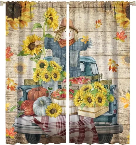 Vista 12 de Divertidas cortinas opacas de calabaza y espantapájaros para sala de estar, rústicas de otoño, hojas de arce, girasol, cosecha de otoño, puesta