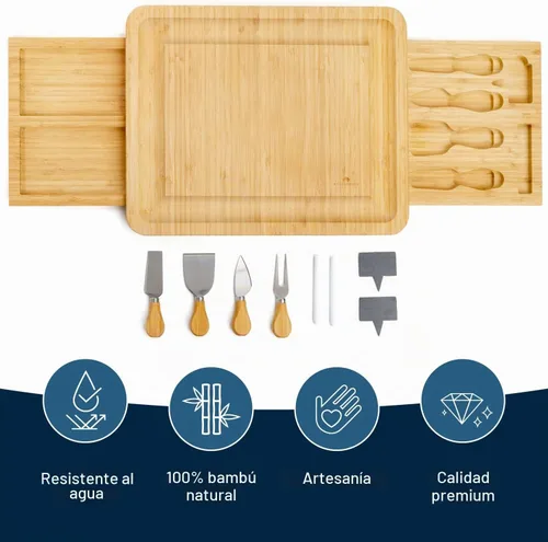 Vista 2 de Juego de tabla de queso y cuchillos de bambú con 2 cajones deslizables