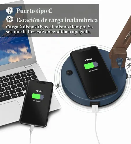 Vista 8 de Lámpara de escritorio ELYONA de madera Sapele con cargador inalámbrico mejorado, lámpara de mesa de brazo oscilante con puerto de carga USB C, luz