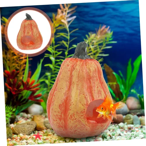 Vista 3 de Decoración de acuario de calabaza de resina, decoración de acuario de Halloween, forma de calabaza, cueva, pecera, seguro, agujero oculto, cosecha