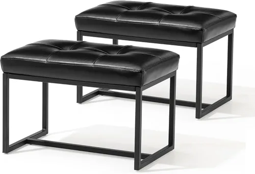 Vista 13 de Glitzhome Banco otomano, sillas modernas de piel sintética con marco de metal, taburete de maquillaje, taburete acolchado para sala de estar Negro