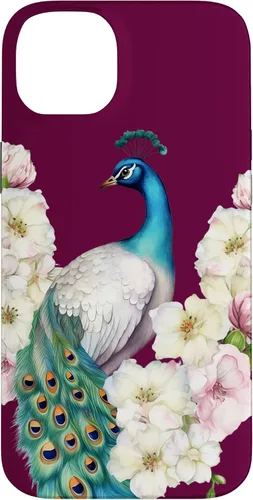 Vista 15 de iPhone 16 Peacock Bird with Long Feathers Watercolor Flowers Case
