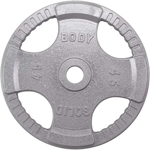 Vista 9 de Body-Solid Juego de discos olímpicos de hierro fundido con diseño de agarre cuádruple, pesas libres, placas de mancuernas, agujero estándar de 2