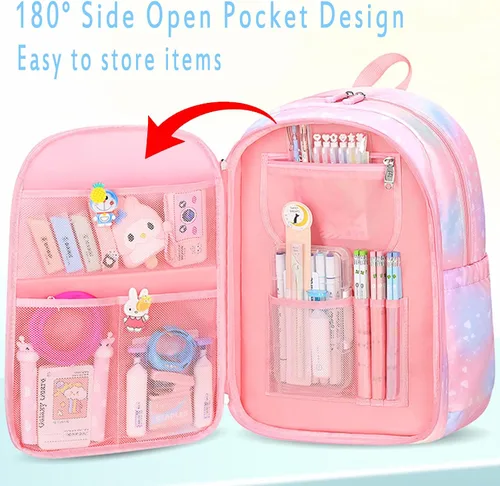 Vista 5 de Mochila kawaii, mochila rosa para niñas, mochila con diseño de arco iris estrellado para niños, bonita mochila para niños, mochila estética, azul