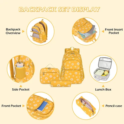 Vista 40 de goldwheat Mochilas impresas margaritas con paquete de almuerzo, estuche de lápices 3pcs, bolsa ligera resistente al agua para la escuela secundaria