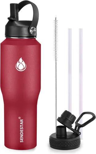 Vista 27 de SENDESTAR - Botella de agua de 0,9 L, 2 tapas (tapa con pajita), boca ancha de acero inoxidable aislada al vacío, doble pared, mantiene los líquidos