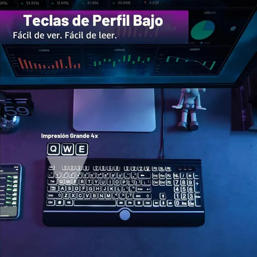 Vista 3 de Teclado de computadora retroiluminado de letras grandes, teclado retroiluminado de 7 colores con reposamuñecas, USB Plug-and-Play, teclas de letras