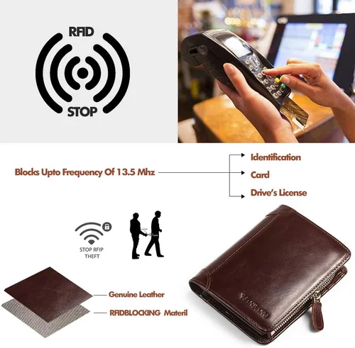 Vista 10 de Billetera para hombre con cremallera de cuero genuino RFID tarjeteros de piel de vaca con cremallera bolsillo para monedas, carteras plegables