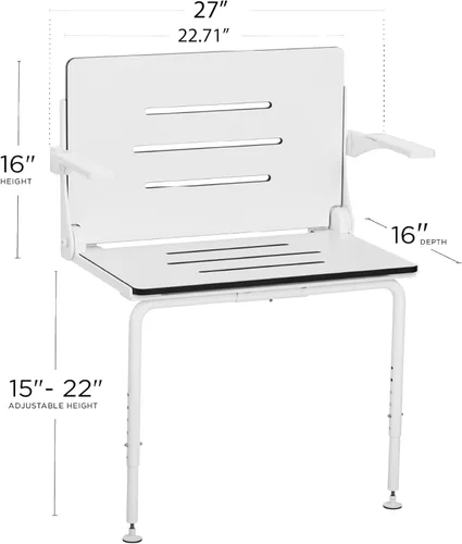Vista 2 de Seachrome Silhouette Comfort Plus Asiento plegable resistente para ducha de montaje en pared con reposabrazos y patas, asiento blanco con marco
