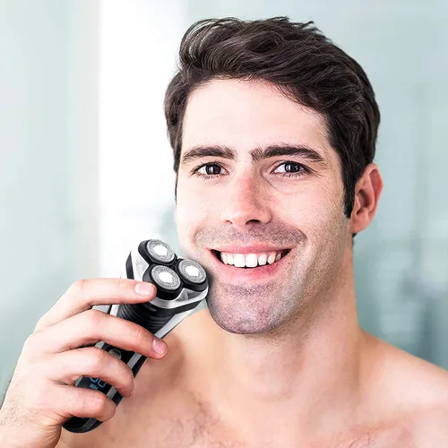 Vista 4 de Hatteker - Máquina de afeitar eléctrica rotativa para hombre, con rasuradora y recortadora de barba, inalámbrica, recortador de patillas, resistente