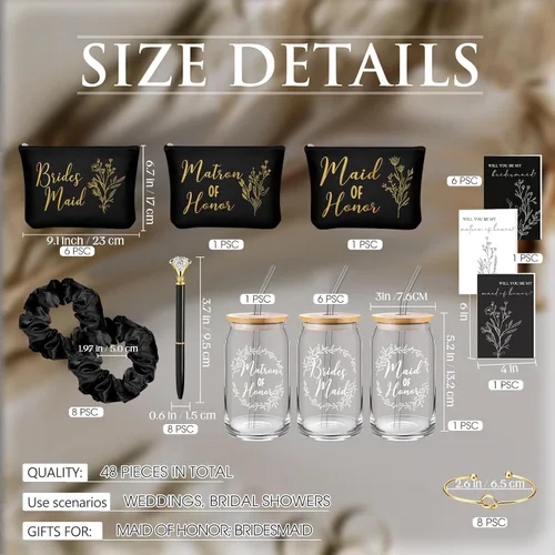 Vista 2 de Irenare Juego de 8 piezas de 48 piezas de regalos de dama de honor, regalos de dama de honor, vasos de vidrio de 16 onzas, bolsas de maquillaje