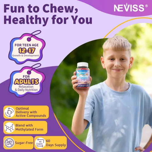 Vista 3 de NEVISS Gomitas multivitamínicas metiladas para adolescentes de 12 a 17 años con glicinato de magnesio, omega-3, L-teanina para adolescentes, niños