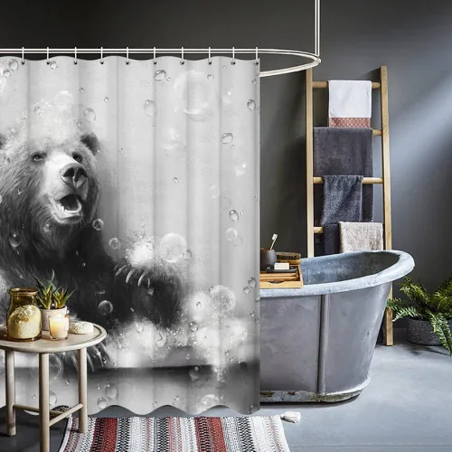 Vista 7 de KREATIVE ARTS Cortina de ducha con diseño de osos divertidos animales, decoración de bañera, casa de campo en blanco y negro, 72 pulgadas de ancho