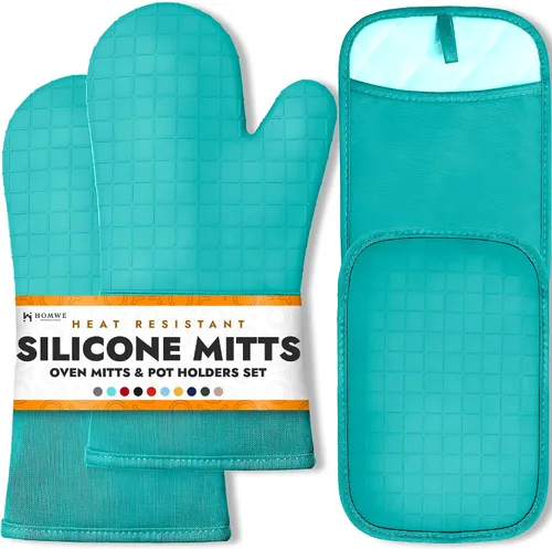 Vista 38 de HOMWE - Manopla de horno profesional y extralarga de silicona, guantes con forro acolchado, agarraderas resistentes al calor, guantes flexibles