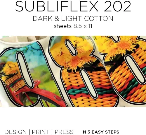 Vista 2 de Subli Flex 202 - Papel de sublimación para algodón oscuro y claro, 5 hojas de 8.5 x 11 pulgadas