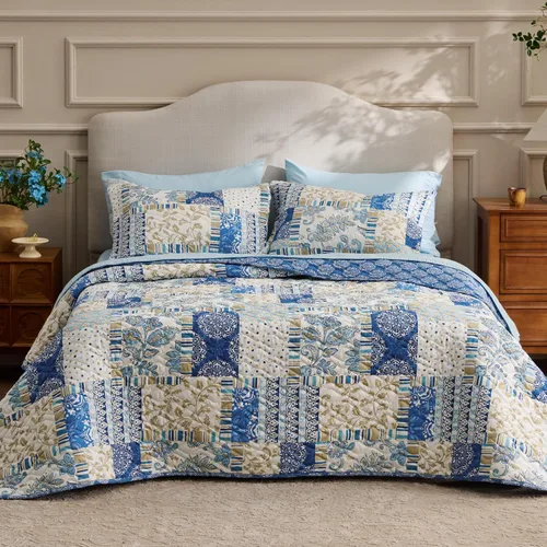 Vista 13 de Bedsure Colcha costera tamaño Queen – Ropa de cama reversible de verano y playa, colcha ligera de microfibra, colcha azul y blanca para todas