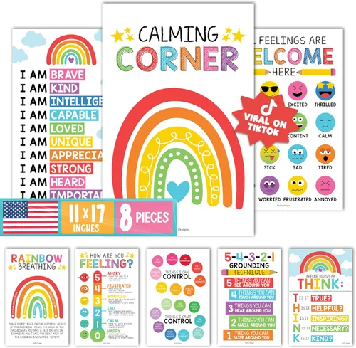 Vista 12 de Hadley Designs 8 Pósters de Rincón Calmante para Aula Imprescindibles para Maestros - Suministros para Rincón de Calma de 11x17, Tabla