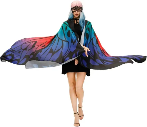 Vista 3 de Disfraz de mariposa para adulto, disfraz de alas de mariposa de Halloween, para mujer, colorido, festival, alas de mariposa, capa de chal